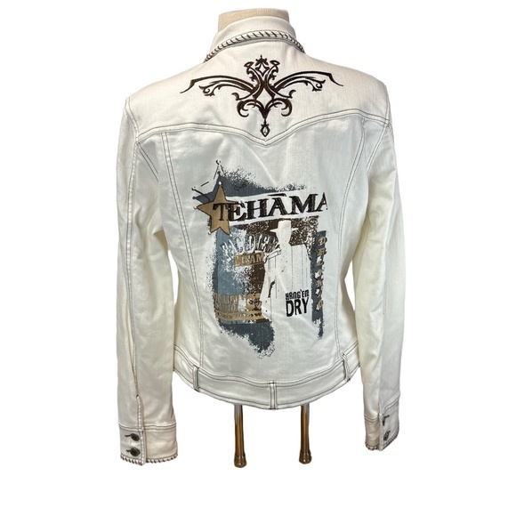 Tehama Nancy Haley M Off White Denim Jacket‎ Embroidered Studded Western - Picture 1 of 10